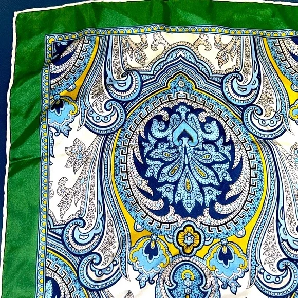 RARE VINTAGE 30“ x 30“ square silk scarf, hand rolled edge, green & blue Paisley